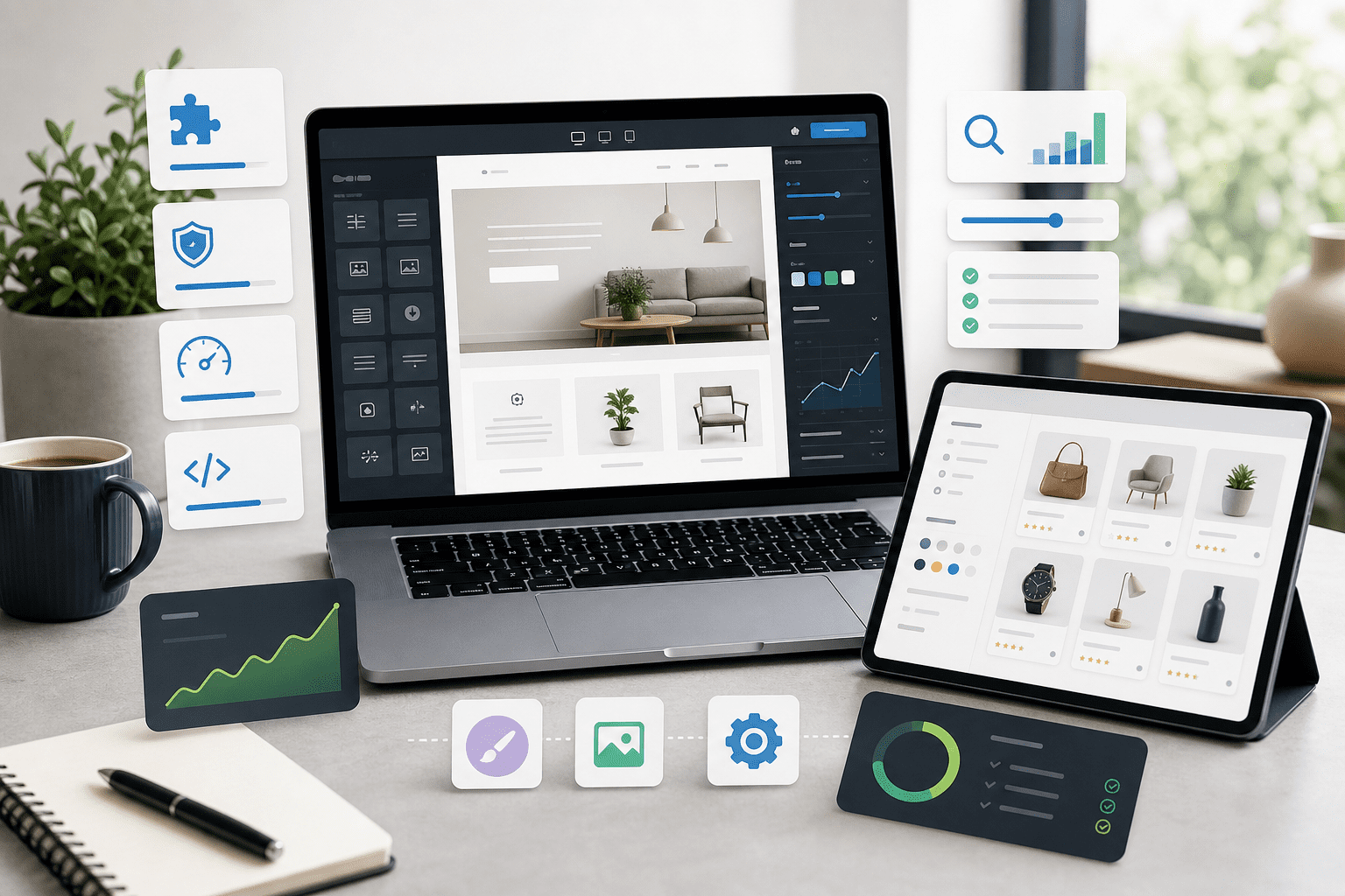Editorial technology scene illustrating the WordPress ecosystem’s weekly updates for small business website management: a modern laptop and tablet on a clean desk showing a website builder interface, customizable workspace panels, product search filters, and e-commerce product cards, with subtle visual cues of plugin updates, stability improvements, design tools, and performance optimization; include a small online store dashboard feel, SEO/search icons, sliders, and modular UI blocks arranged neatly; bright, professional, high-tech atmosphere, soft natural lighting, crisp detail, contemporary flat-lay composition, no readable text, no logos, no branding